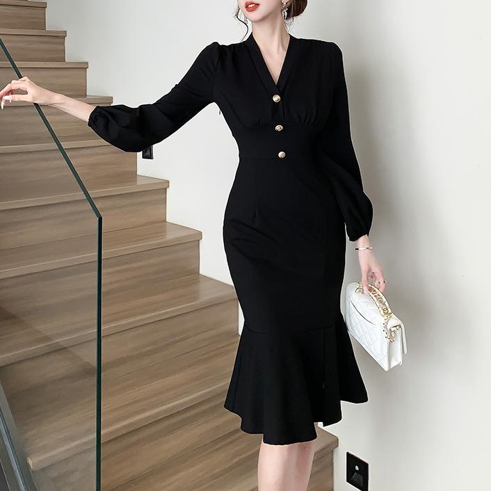 氣質純色V領魚尾連身裙