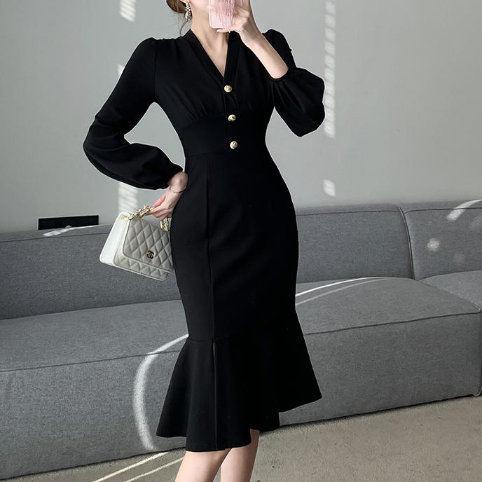 氣質純色V領魚尾連身裙