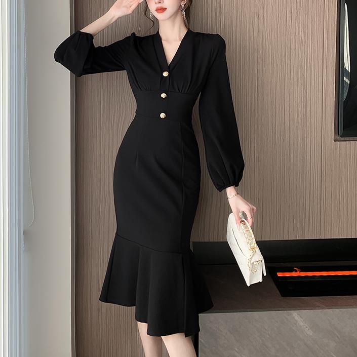 氣質純色V領魚尾連身裙