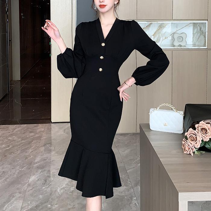 氣質純色V領魚尾連身裙