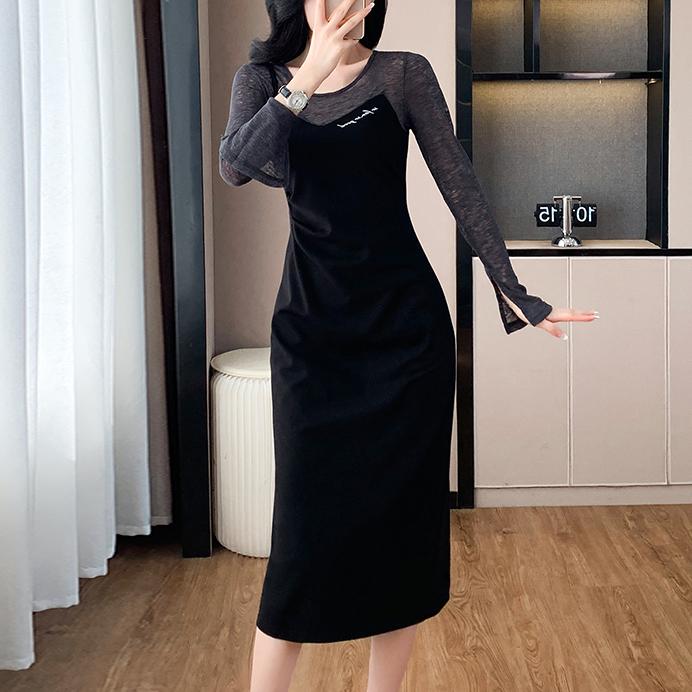 設計感假兩件拼接中長洋裝