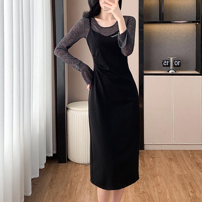 設計感假兩件拼接中長洋裝