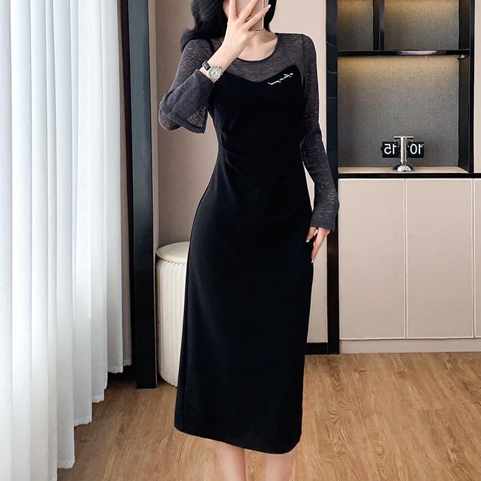 設計感假兩件拼接中長洋裝