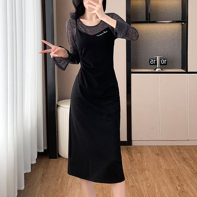 設計感假兩件拼接中長洋裝