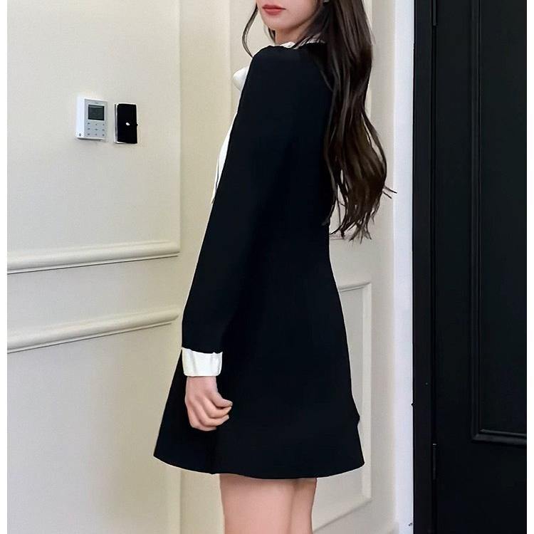 法式蝴蝶結收腰長袖連身裙