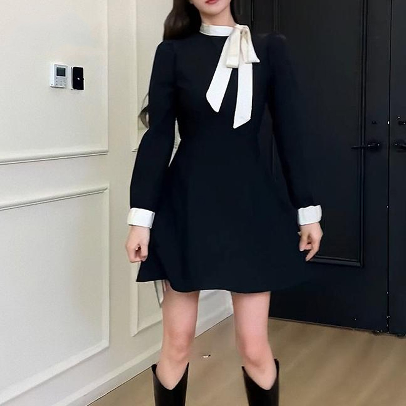 法式蝴蝶結收腰長袖連身裙