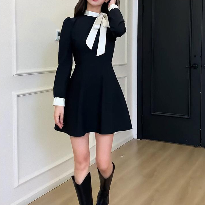 法式蝴蝶結收腰長袖連身裙