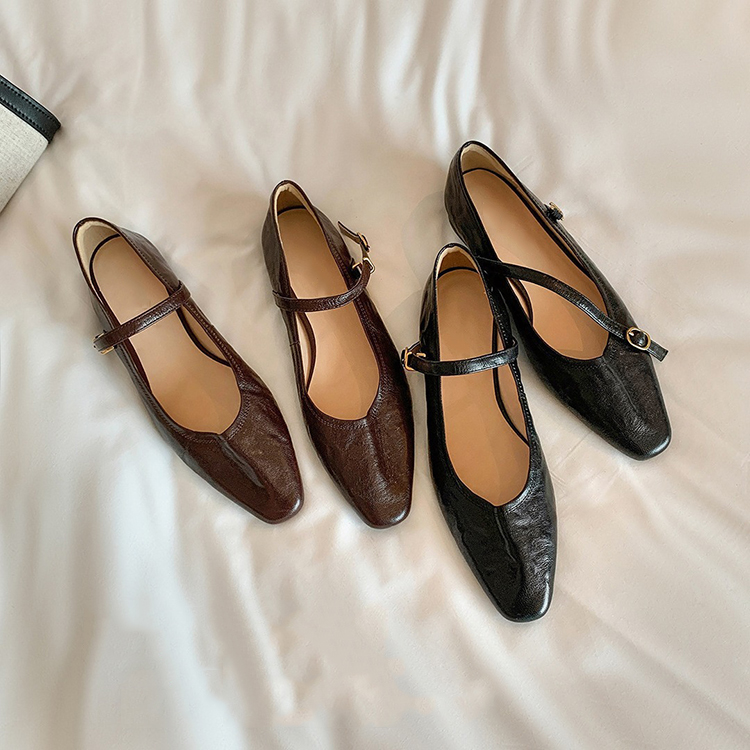 優雅褶皺一字帶平底瑪莉珍鞋