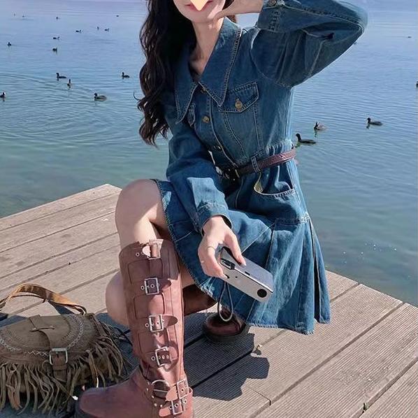 復古甜辣翻領收腰牛仔連身裙