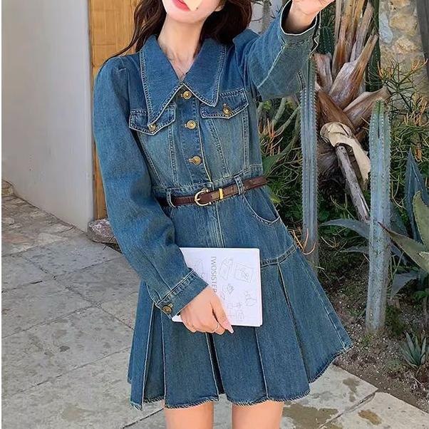 復古甜辣翻領收腰牛仔連身裙