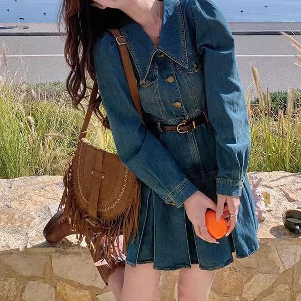 復古甜辣翻領收腰牛仔連身裙