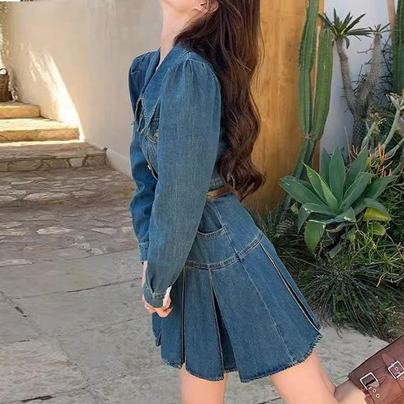 復古甜辣翻領收腰牛仔連身裙