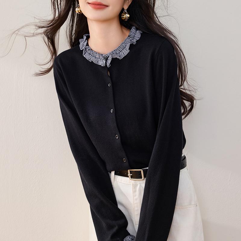 法式格紋拼接木耳邊羊毛針織開衫