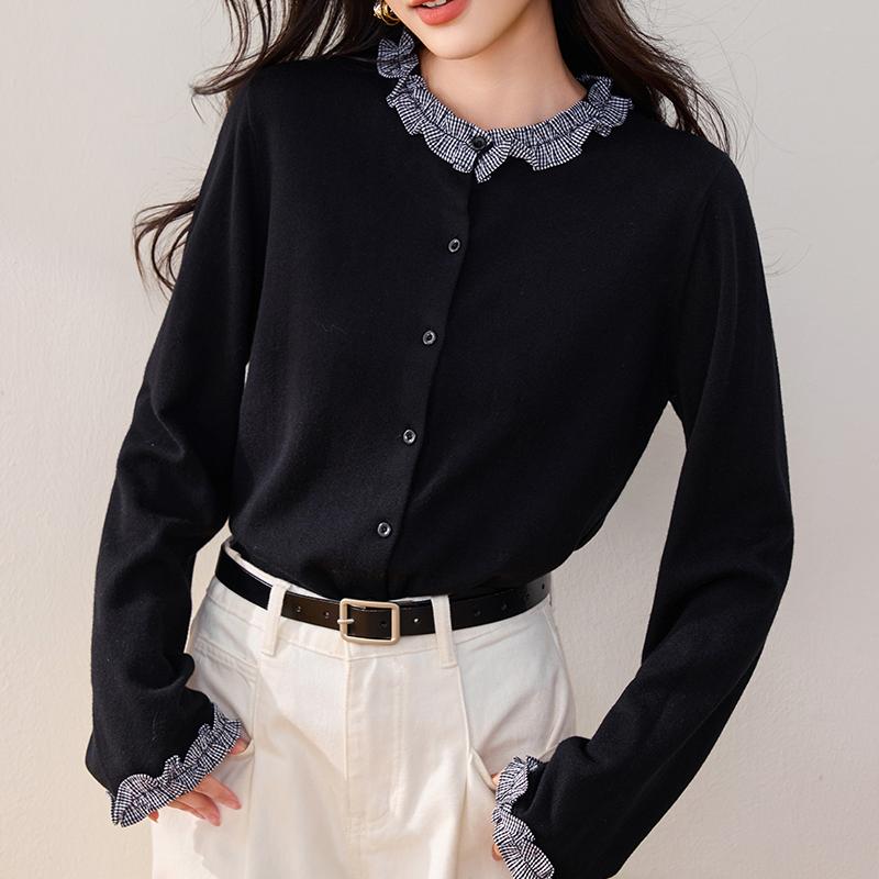 法式格紋拼接木耳邊羊毛針織開衫