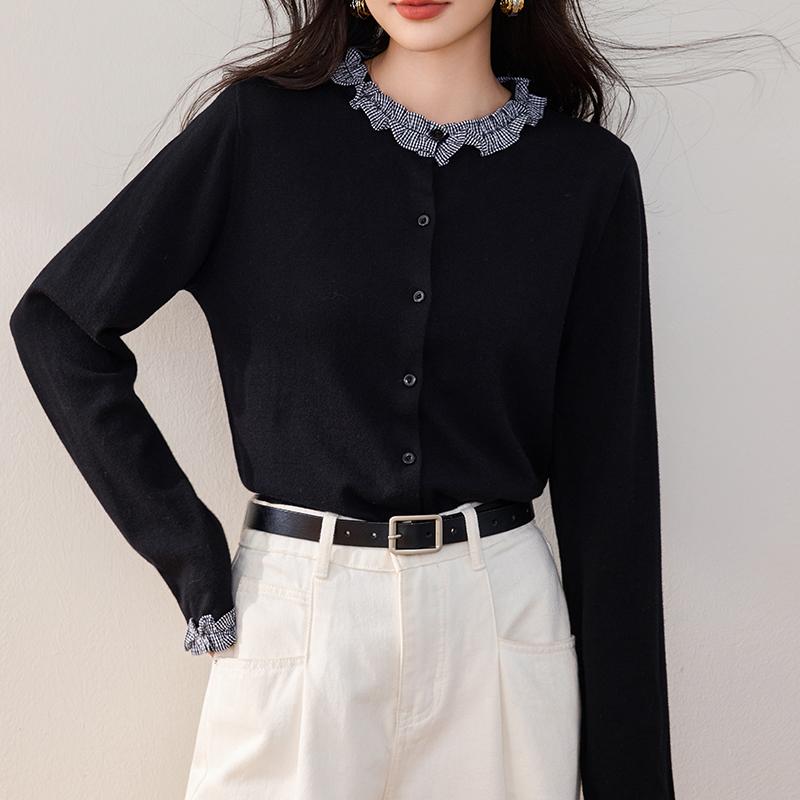 法式格紋拼接木耳邊羊毛針織開衫