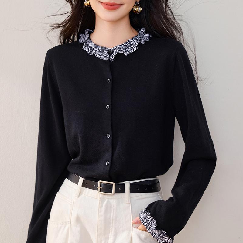 法式格紋拼接木耳邊羊毛針織開衫