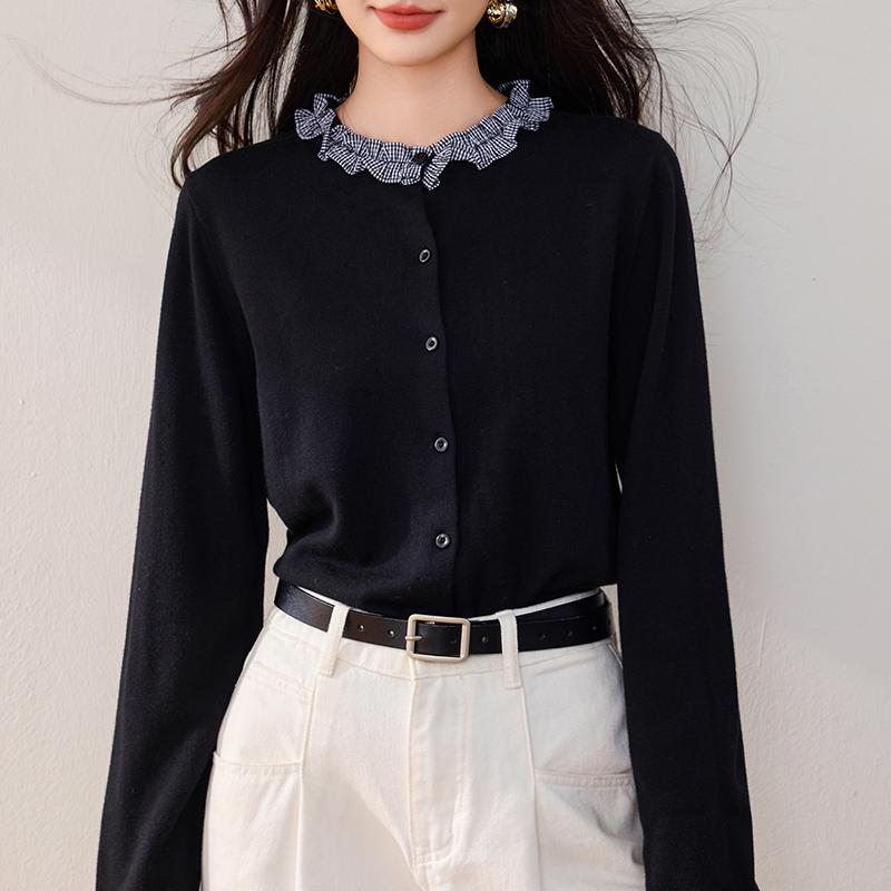 法式格紋拼接木耳邊羊毛針織開衫