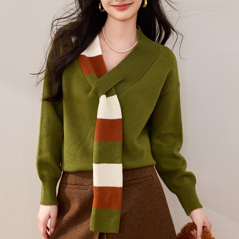 慵懶風長袖圍巾裝飾V領針織上衣