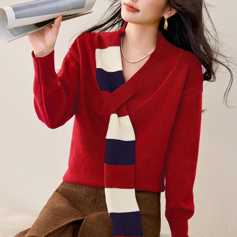 慵懶風長袖圍巾裝飾V領針織上衣