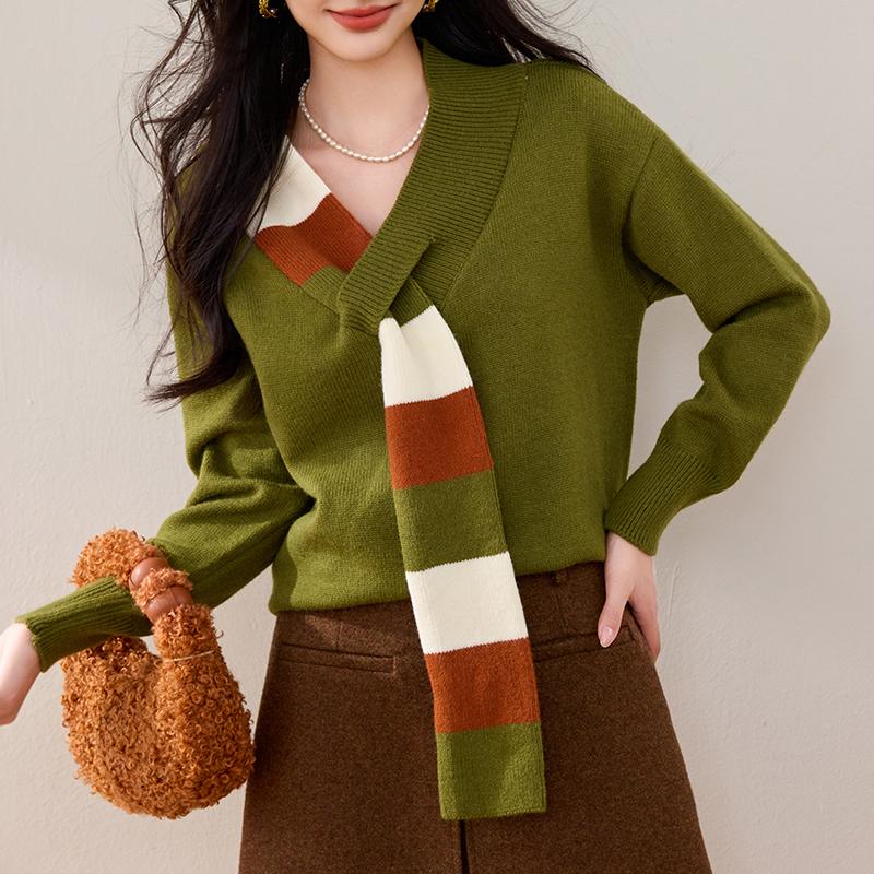 慵懶風長袖圍巾裝飾V領針織上衣