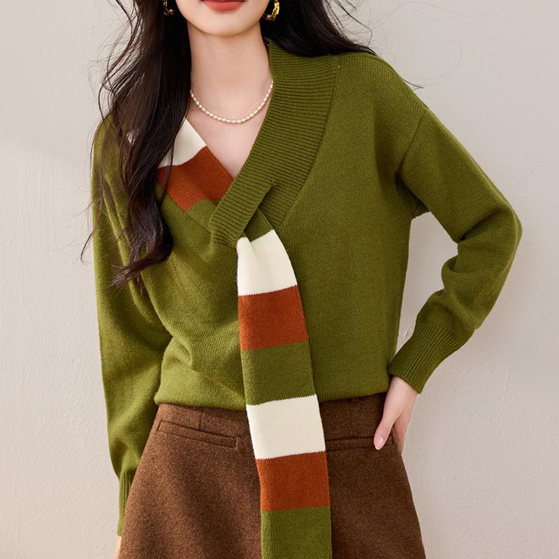 慵懶風長袖圍巾裝飾V領針織上衣