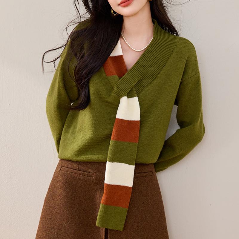 慵懶風長袖圍巾裝飾V領針織上衣