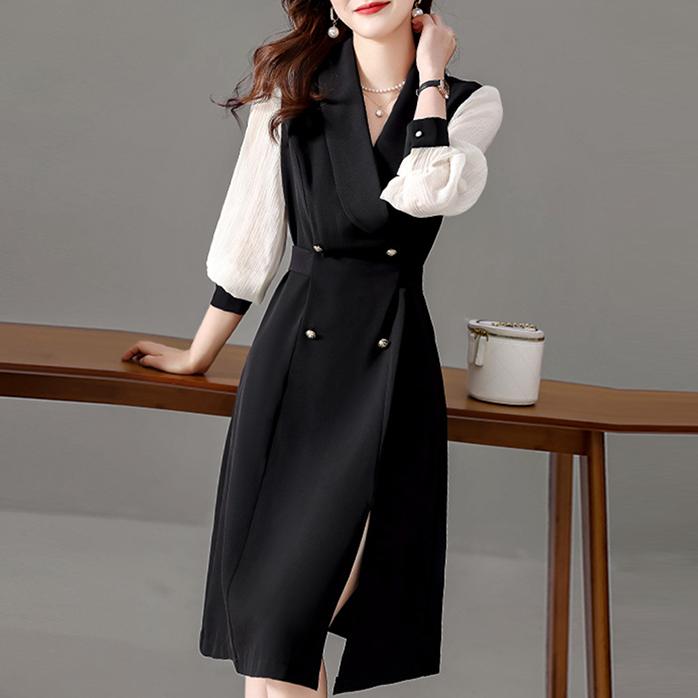 氣質收腰繫帶西裝長袖連身裙