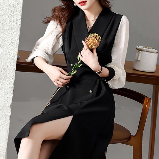 氣質收腰繫帶西裝長袖連身裙