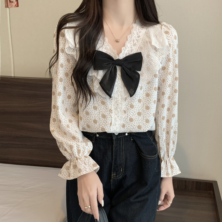 韓版蝴蝶結蕾絲波點V領長袖襯衫