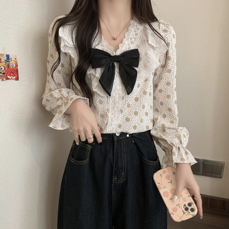 韓版蝴蝶結蕾絲波點V領長袖襯衫