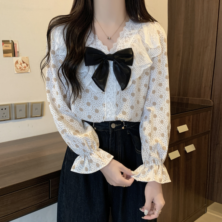 韓版蝴蝶結蕾絲波點V領長袖襯衫
