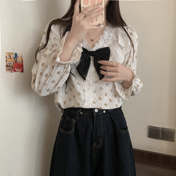 韓版蝴蝶結蕾絲波點V領長袖襯衫