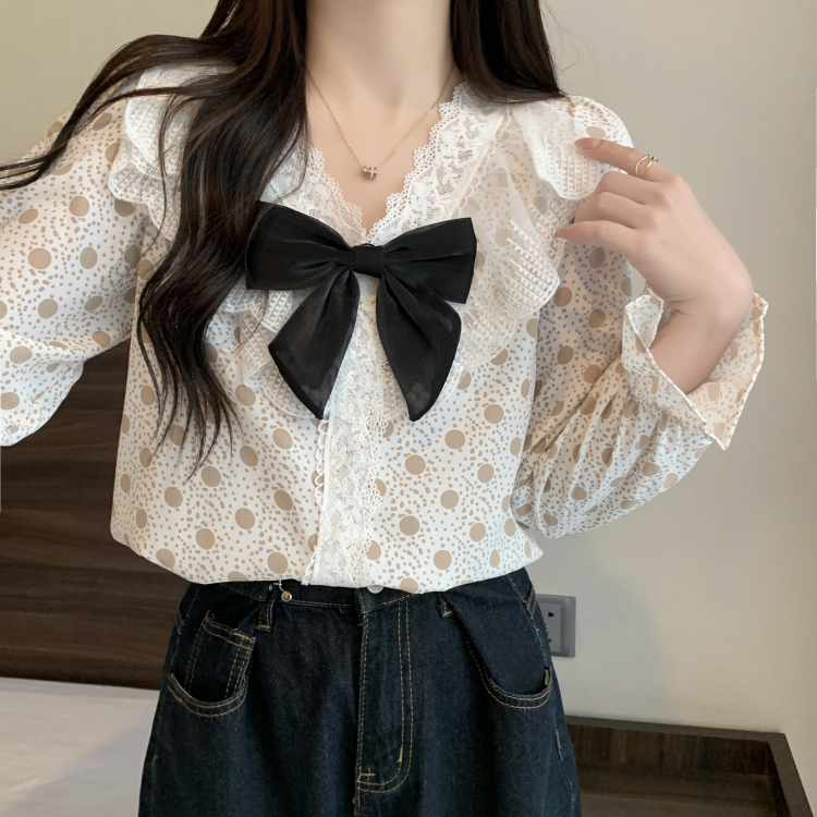 韓版蝴蝶結蕾絲波點V領長袖襯衫