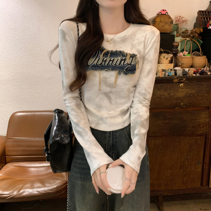 復古做舊牛仔貼布長袖抽褶打底衫