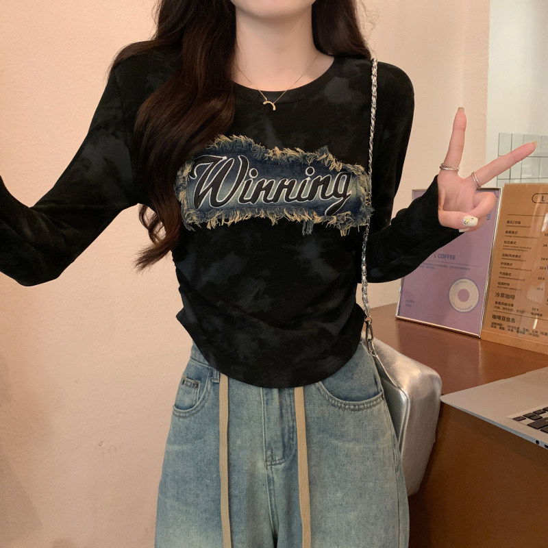 復古做舊牛仔貼布長袖抽褶打底衫