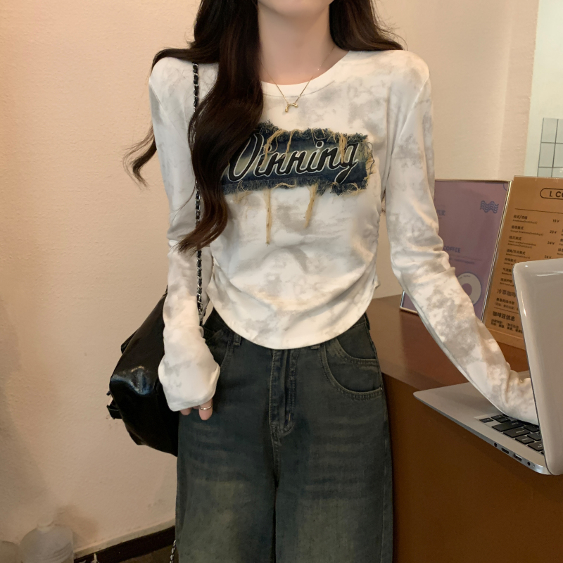 復古做舊牛仔貼布長袖抽褶打底衫