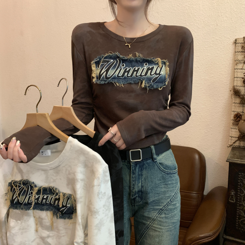 復古做舊牛仔貼布長袖抽褶打底衫