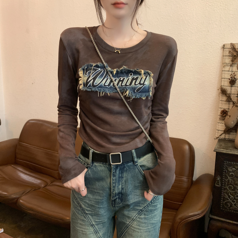 復古做舊牛仔貼布長袖抽褶打底衫