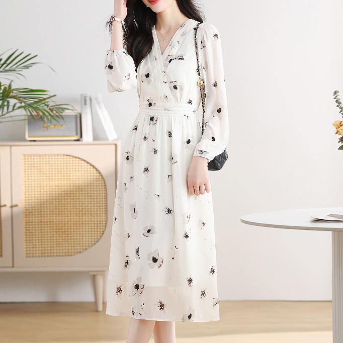 氣質碎花V領長袖連身裙