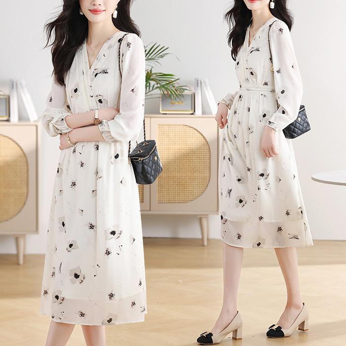 氣質碎花V領長袖連身裙