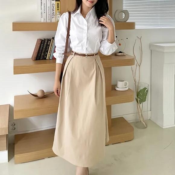 法式撞色拼接襯衫洋裝【搭配皮帶】