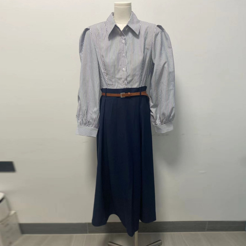 法式撞色拼接襯衫洋裝【搭配皮帶】