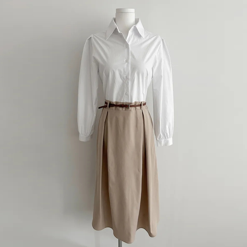 法式撞色拼接襯衫洋裝【搭配皮帶】