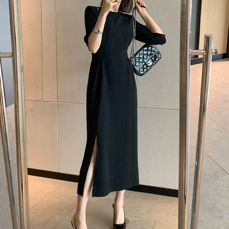 赫本風純色圓領開叉連身裙