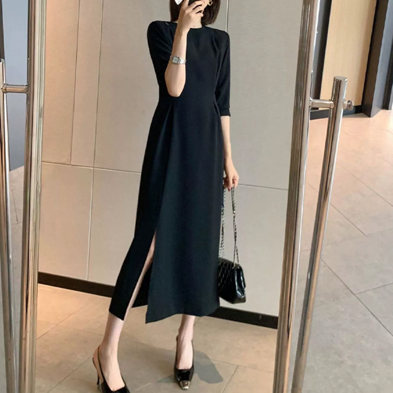 赫本風純色圓領開叉連身裙