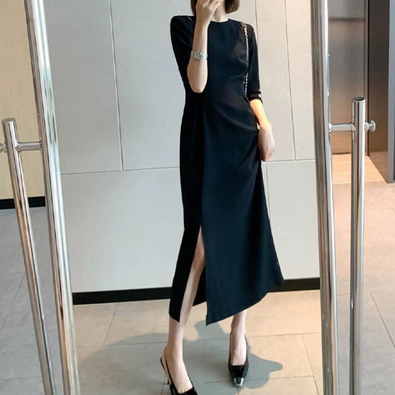 赫本風純色圓領開叉連身裙