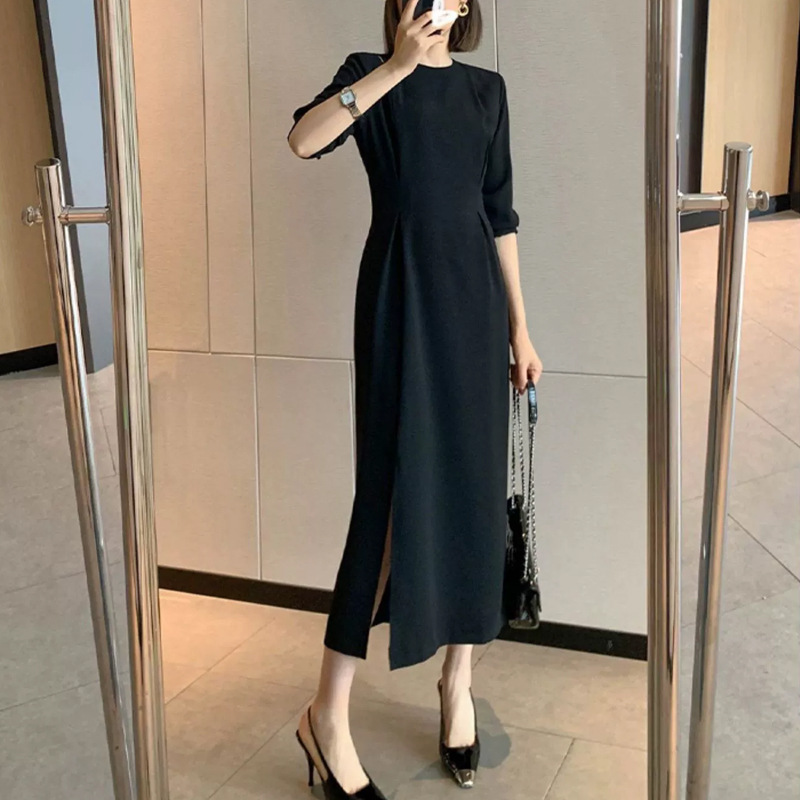 赫本風純色圓領開叉連身裙