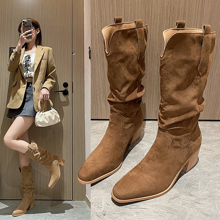 復古V口堆堆中筒牛仔長筒靴