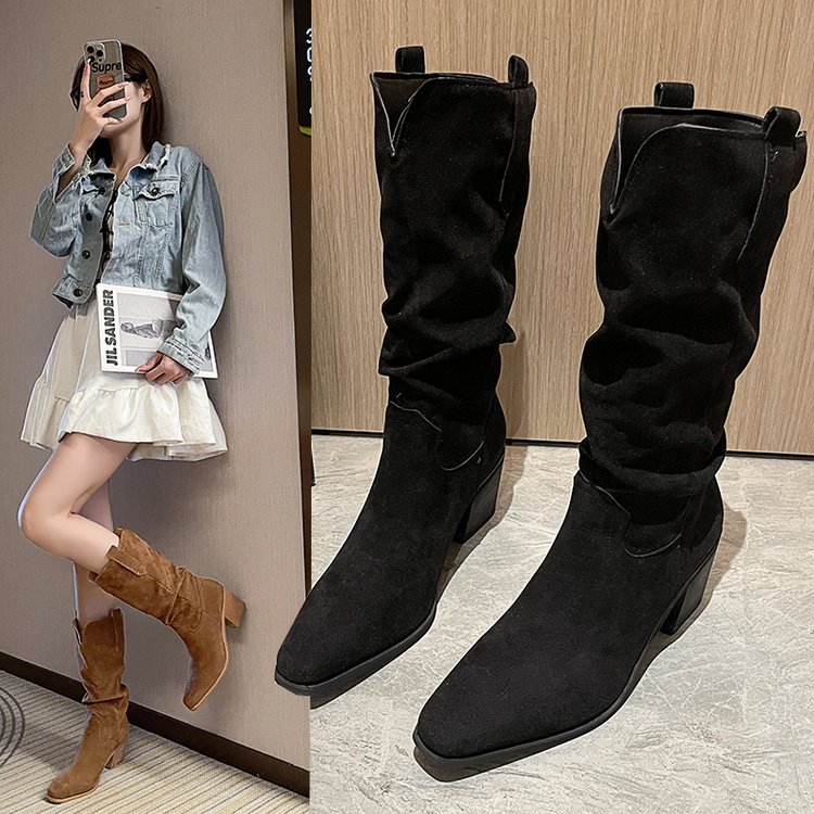 復古V口堆堆中筒牛仔長筒靴