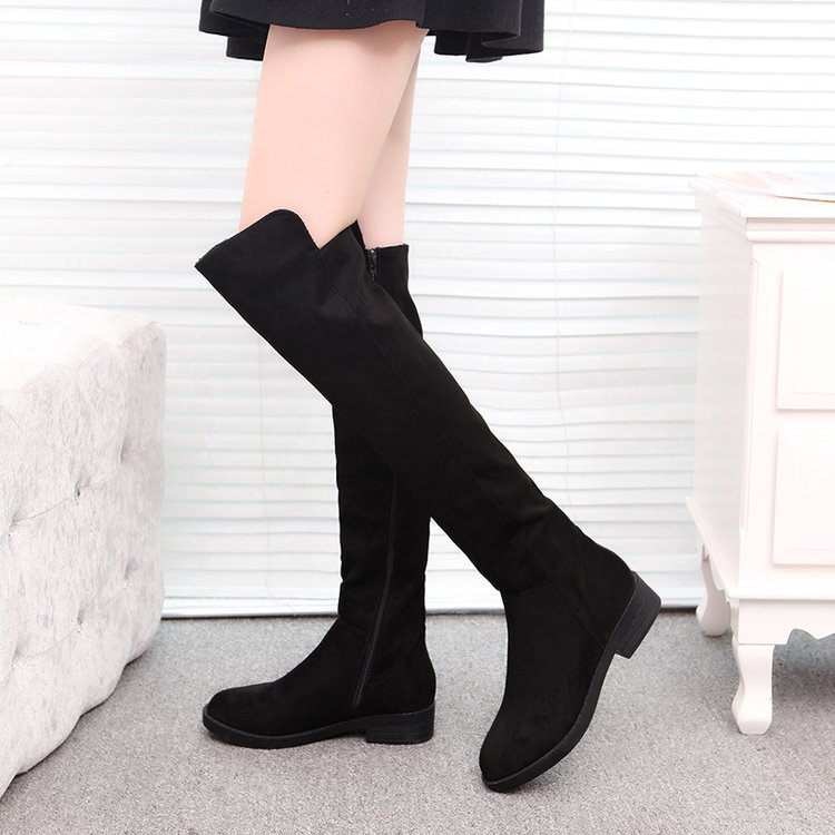 百搭純色側拉鍊圓頭長靴